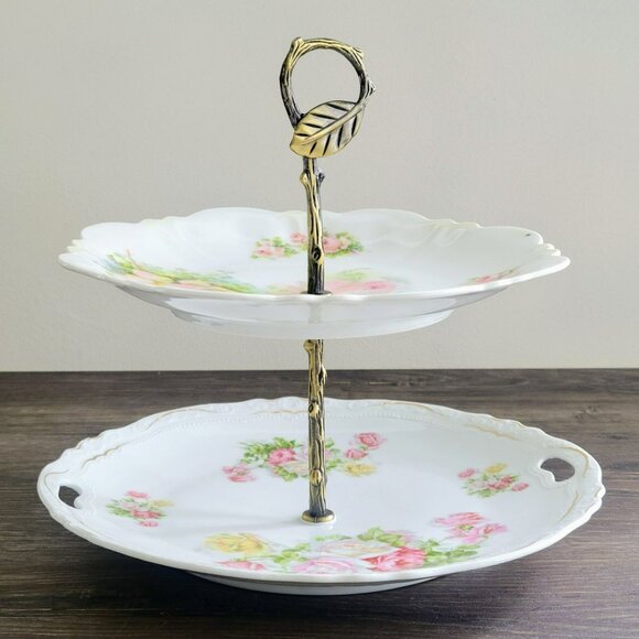 Vintage Mismatched Shabby Chic 2-Tiered Dessert Stand Hand-Painted Floral - Picture 2 of 16